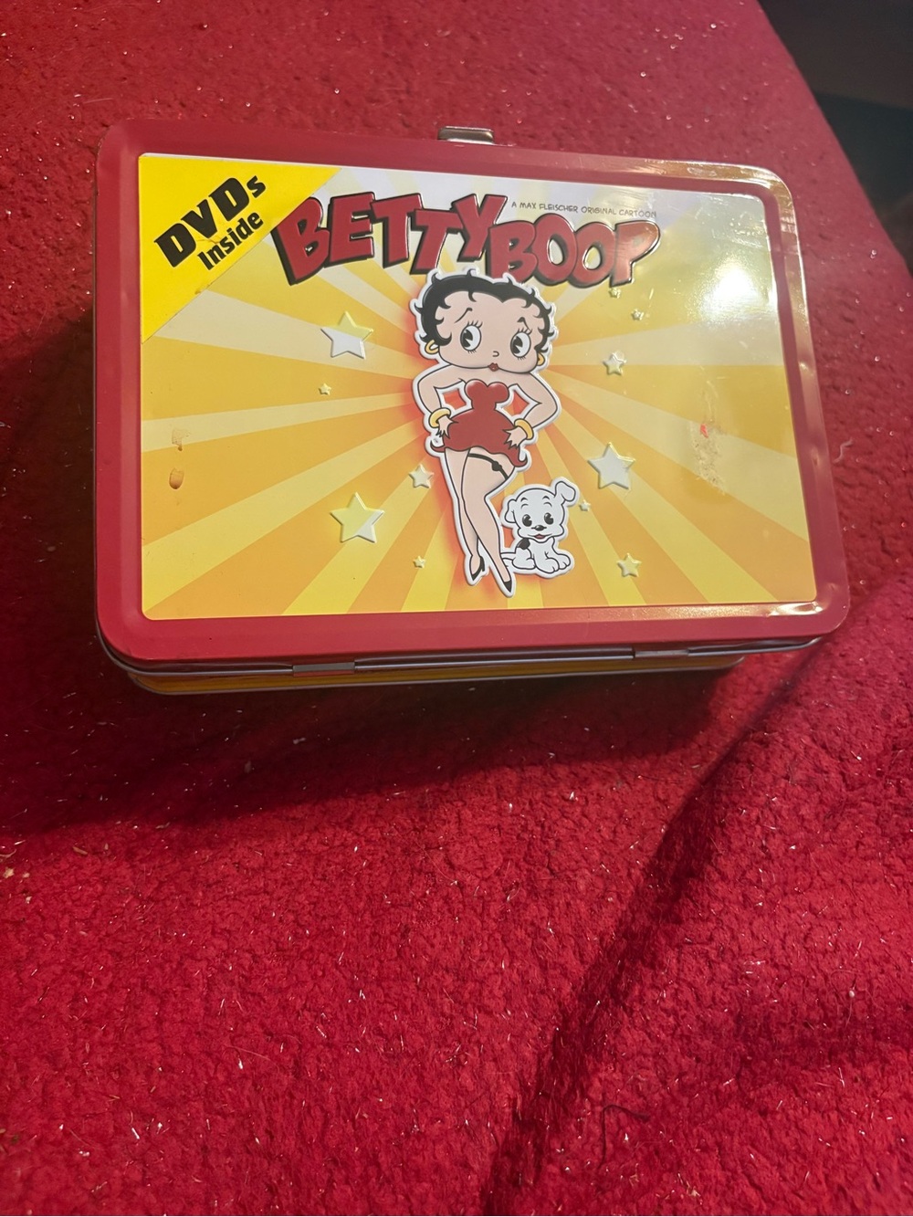 Collectible Betty Boop Red and Yellow Tin Case with Character Art and DVDS